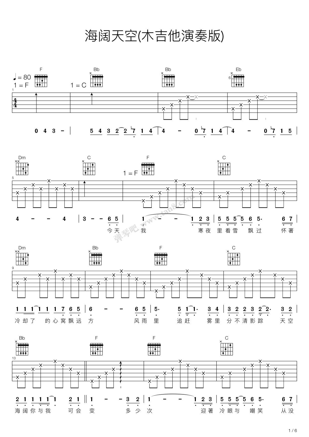 《海阔天空 （F调木吉他弹唱版）》吉他谱-C大调音乐网