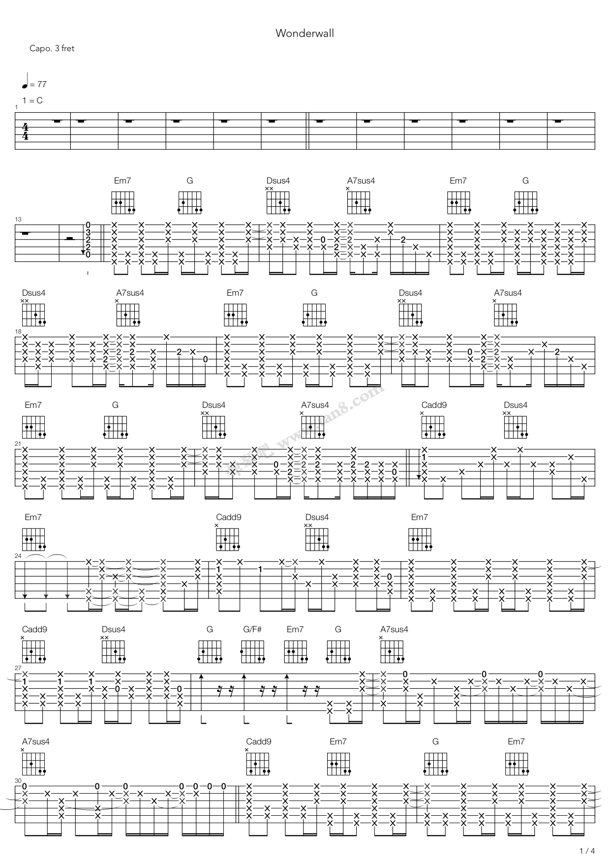 《Wonderwall》吉他谱-C大调音乐网