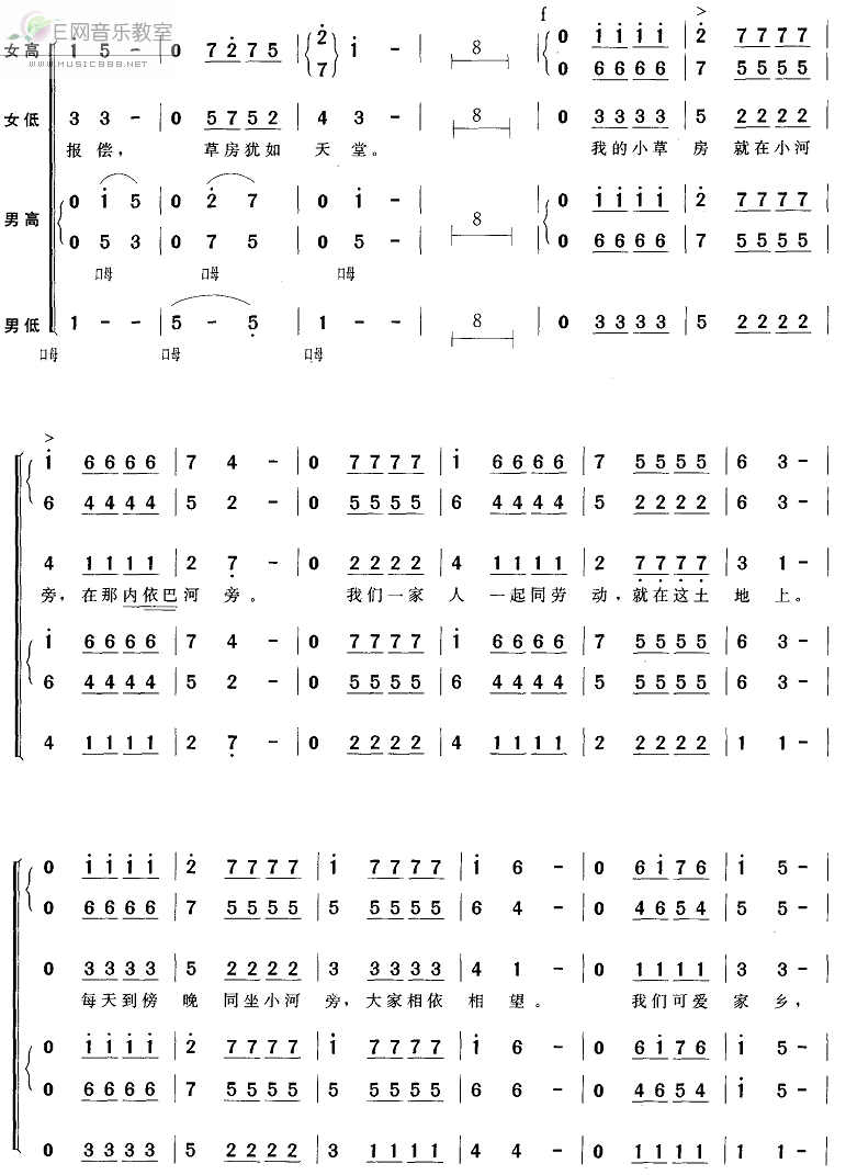 《内依巴河-混声四部合唱(简谱)》吉他谱-C大调音乐网