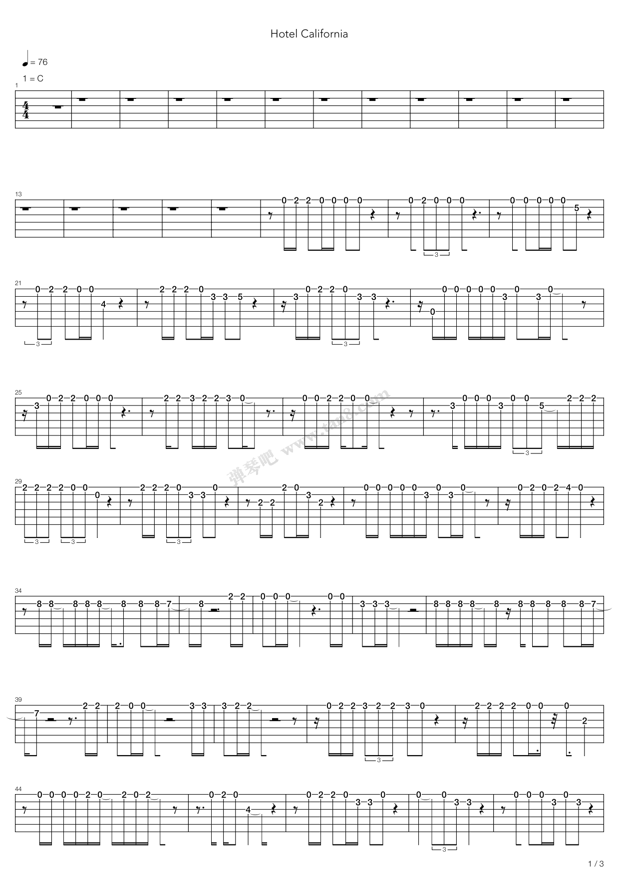 《Hotel California(电声版)》吉他谱-C大调音乐网