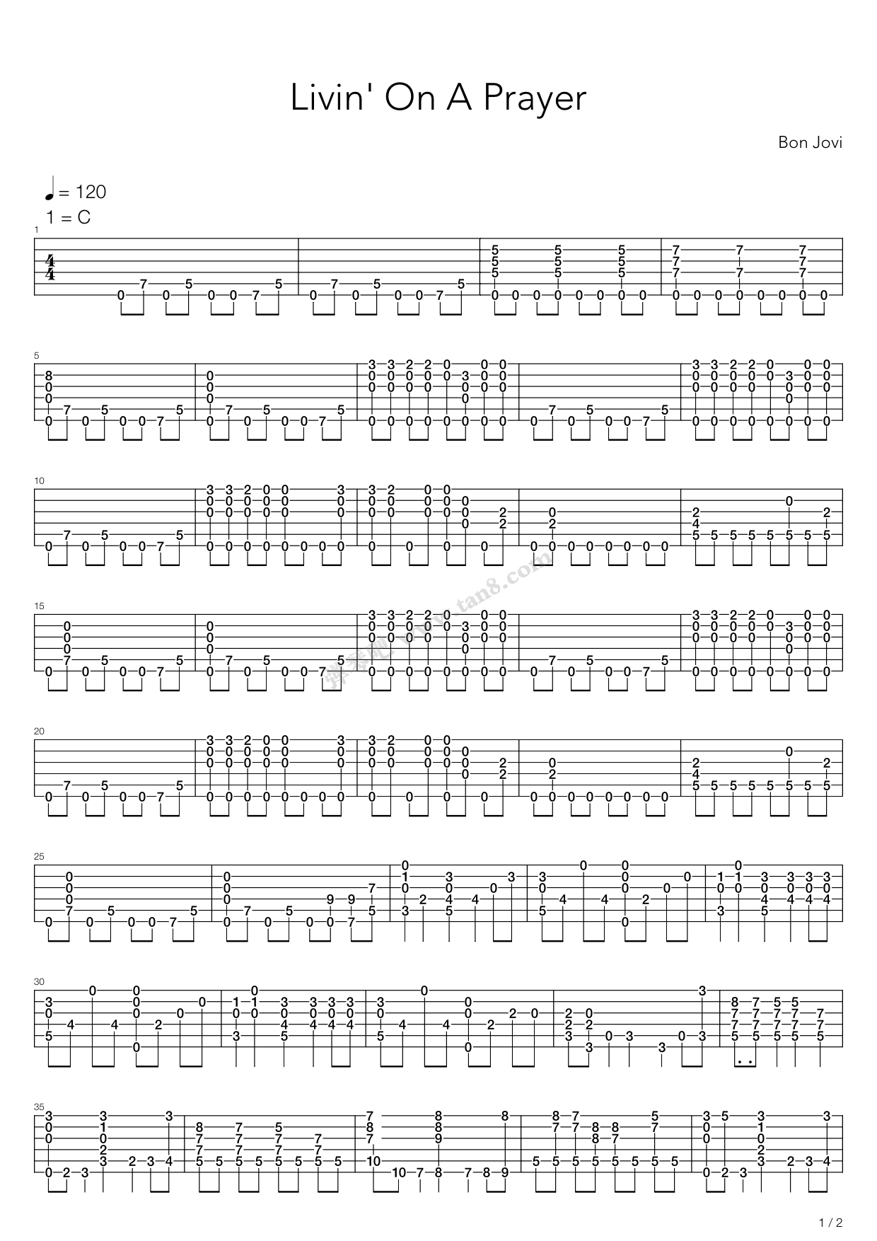 《Livin' On A Prayer》吉他谱-C大调音乐网